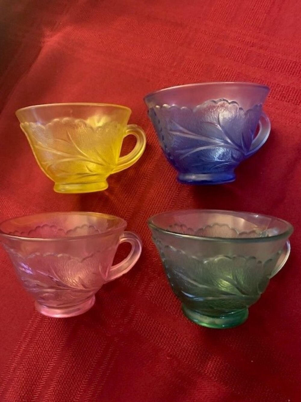 Vintage Indiana Glass Pebble Leaf Carnival Punch Cup Set Blue Green Yellow Pink